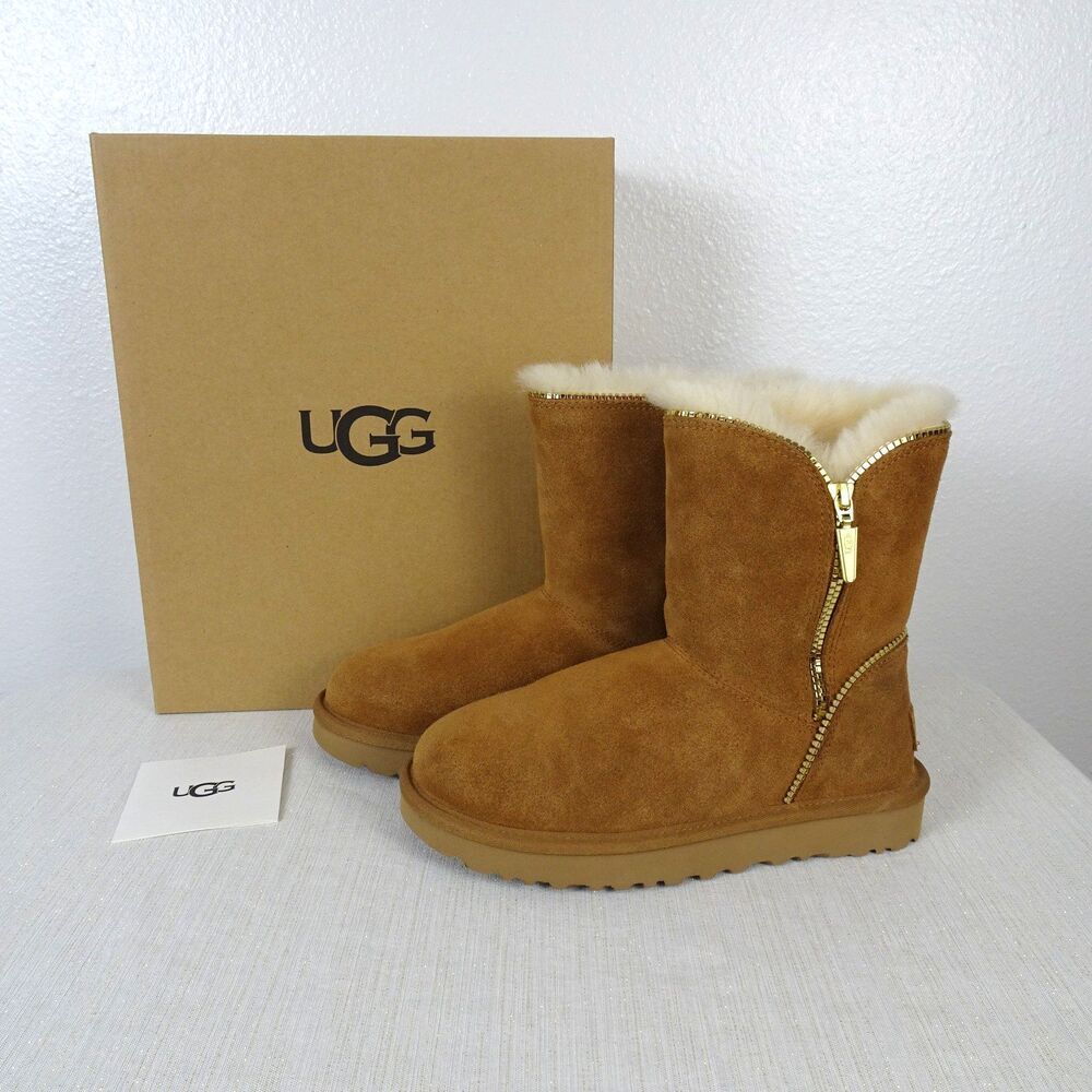 UGG Women's Boots Florence Shearling Chestnut Brown Zipper Accent New Size 6